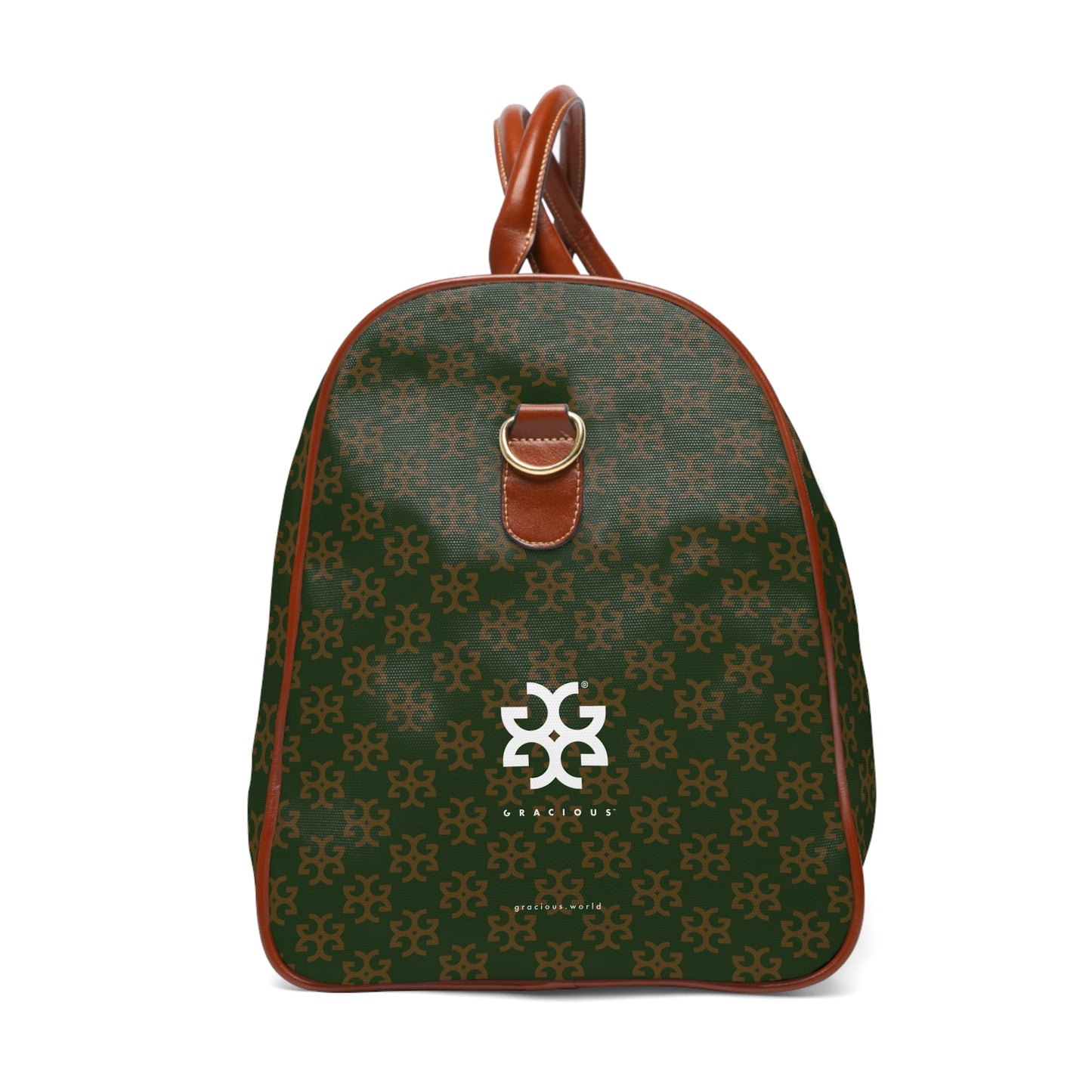 GRACIOUS™ - Deep Green Patterned with White. Brown Leather Travel Bag