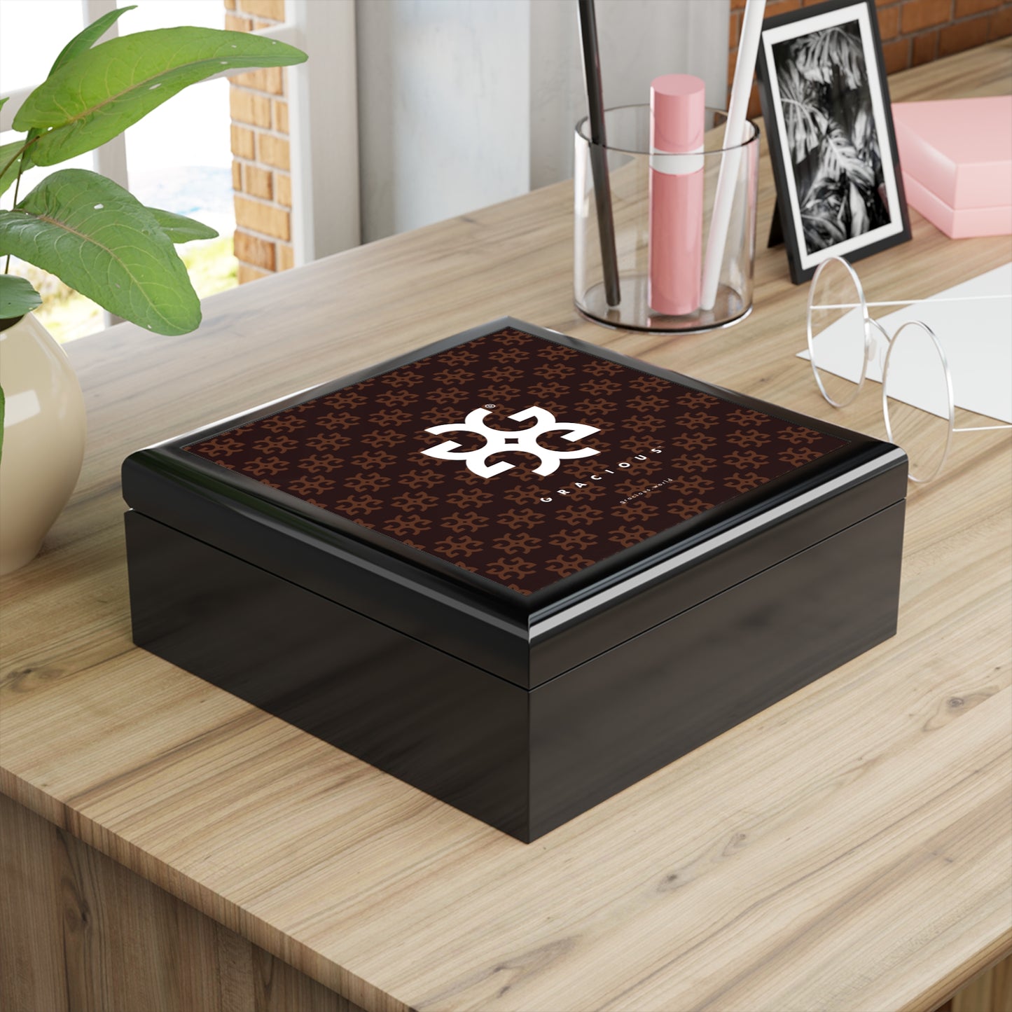 GRACIOUS™ Deep Brown Patterned with White Jewelry Box