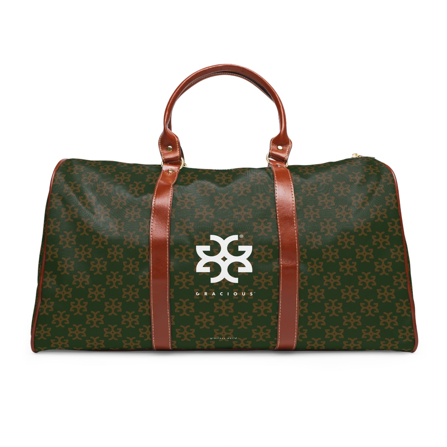 GRACIOUS™ - Deep Green Patterned with White. Brown Leather Travel Bag