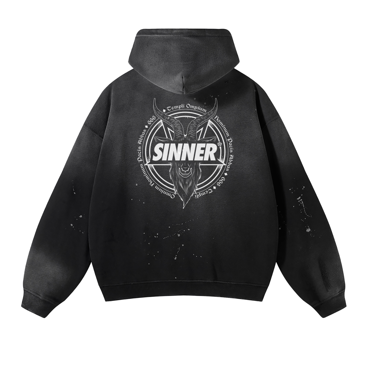 SINNER© White on Black Unisex Vintage Wash Frayed Fleece Hoodie - 360 GSM
