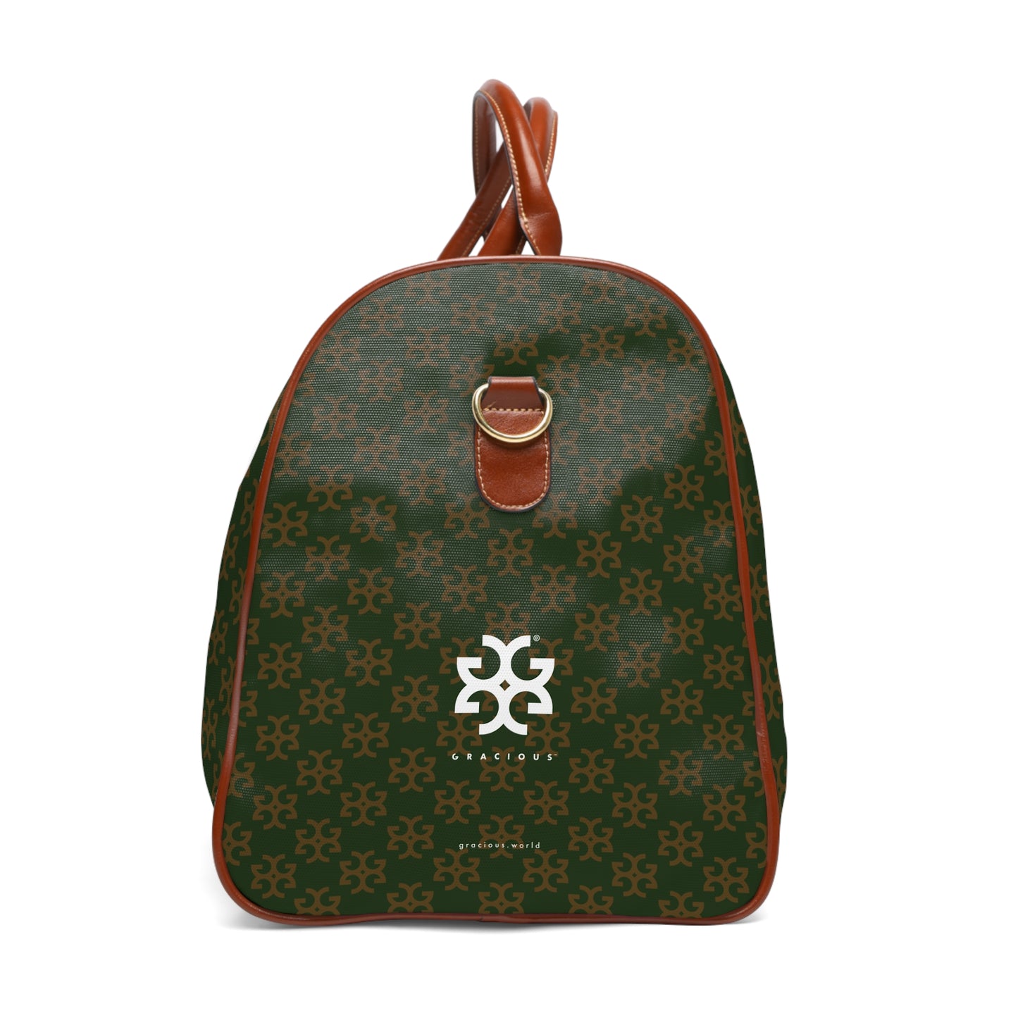 GRACIOUS™ - Deep Green Patterned with White. Brown Leather Travel Bag
