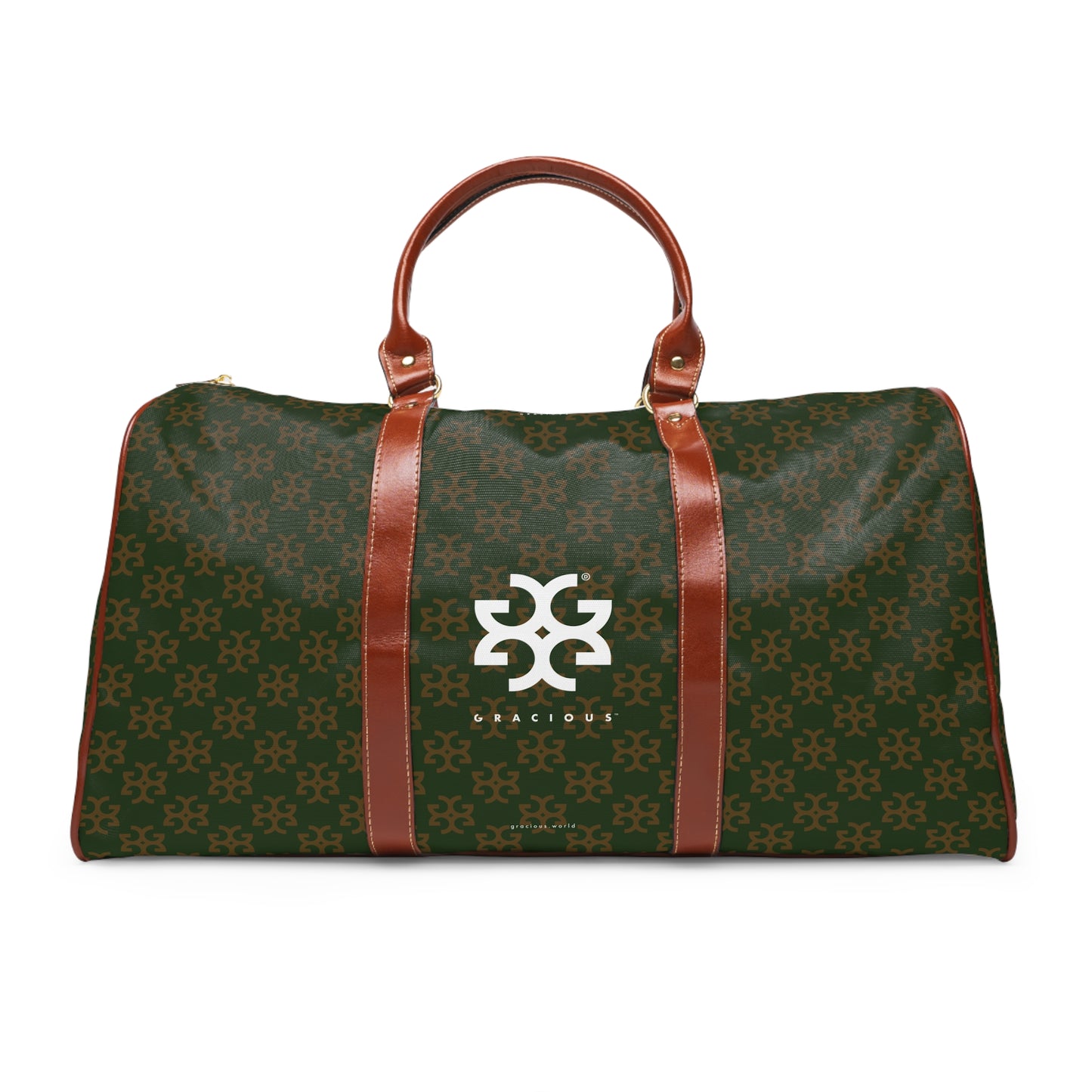 GRACIOUS™ - Deep Green Patterned with White. Brown Leather Travel Bag