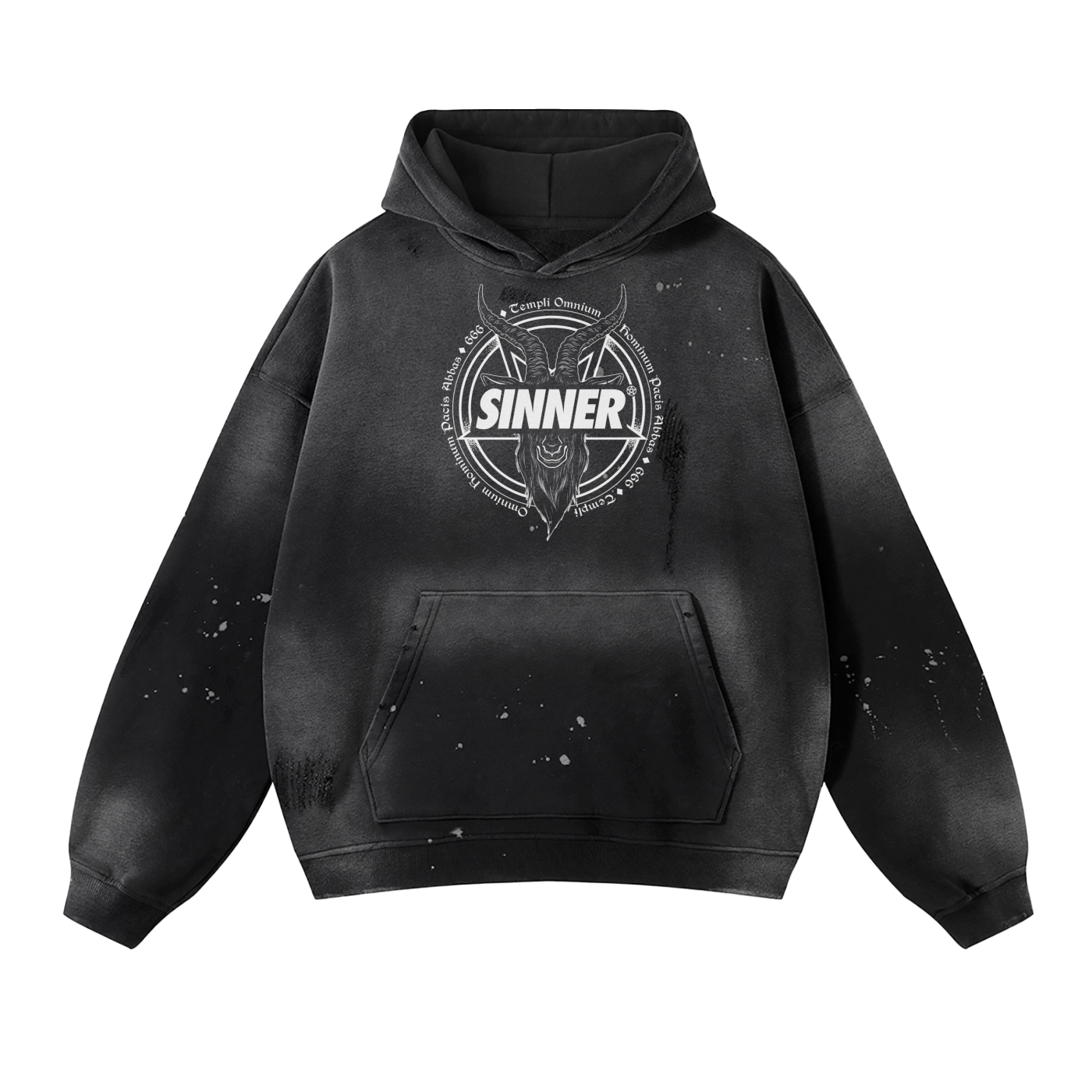 SINNER© White on Black Unisex Vintage Wash Frayed Fleece Hoodie - 360 GSM