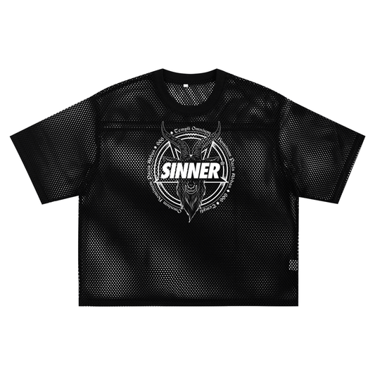 SINNER© White on Black Unisex See-through Boxy Net T-shirt